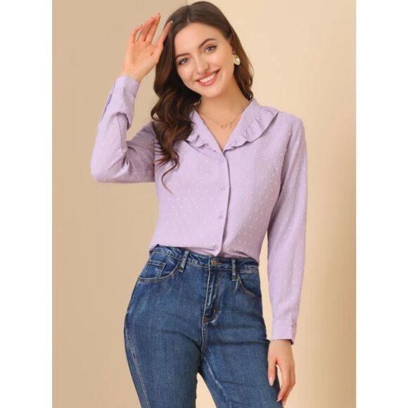 Swiss Dots Long Sleeve Button Front Ruffled Collar Shirt- Allegra K, Lavender S - Picture 5 of 9